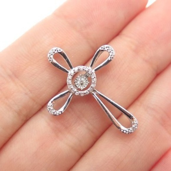 925 Sterling Silver Real Round-Cut Diamond Cross Slide Charm Pendant - Picture 1 of 7